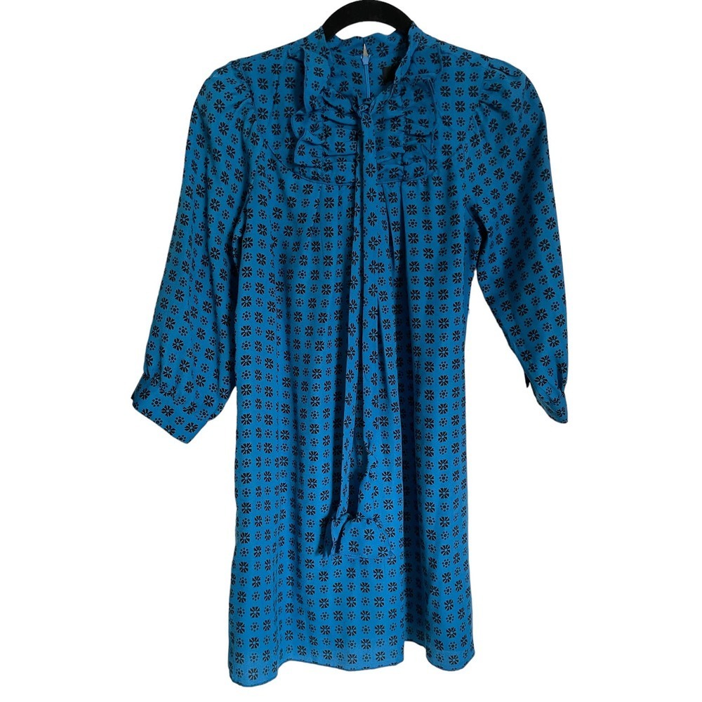 Anna Sui For Target Womens Floral Ruffle Tie-Neck Shirt Dress Size XS Blue